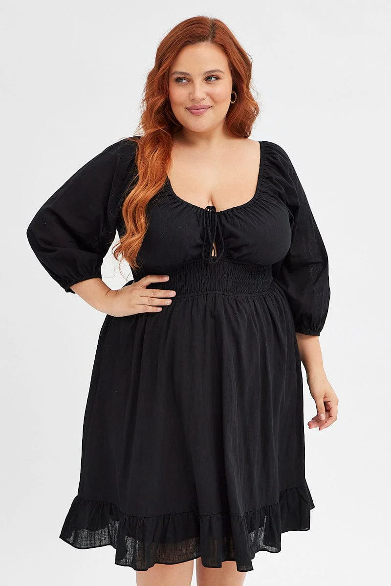 Black Skater Dress Puff Sleeve Shirred Waist Cotton - Image 2
