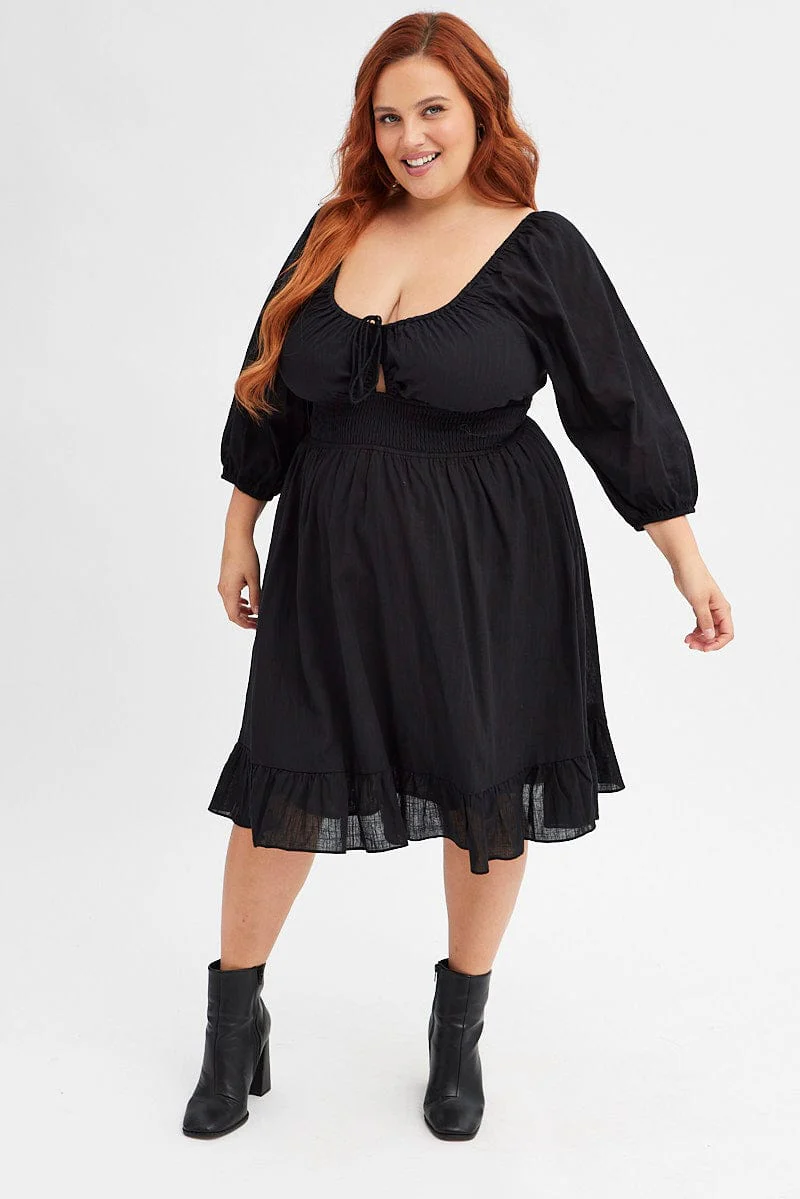 Black Skater Dress Puff Sleeve Shirred Waist Cotton - Image 3