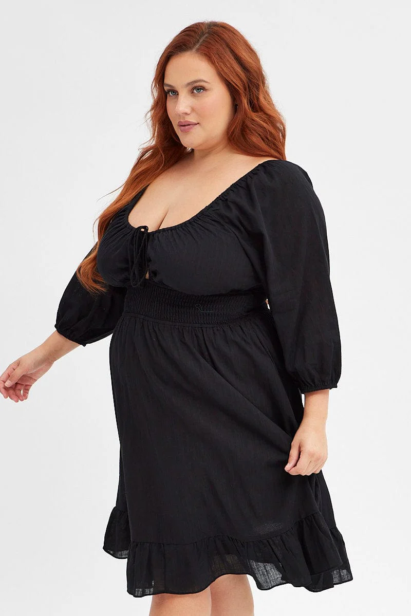 Black Skater Dress Puff Sleeve Shirred Waist Cotton - Image 4