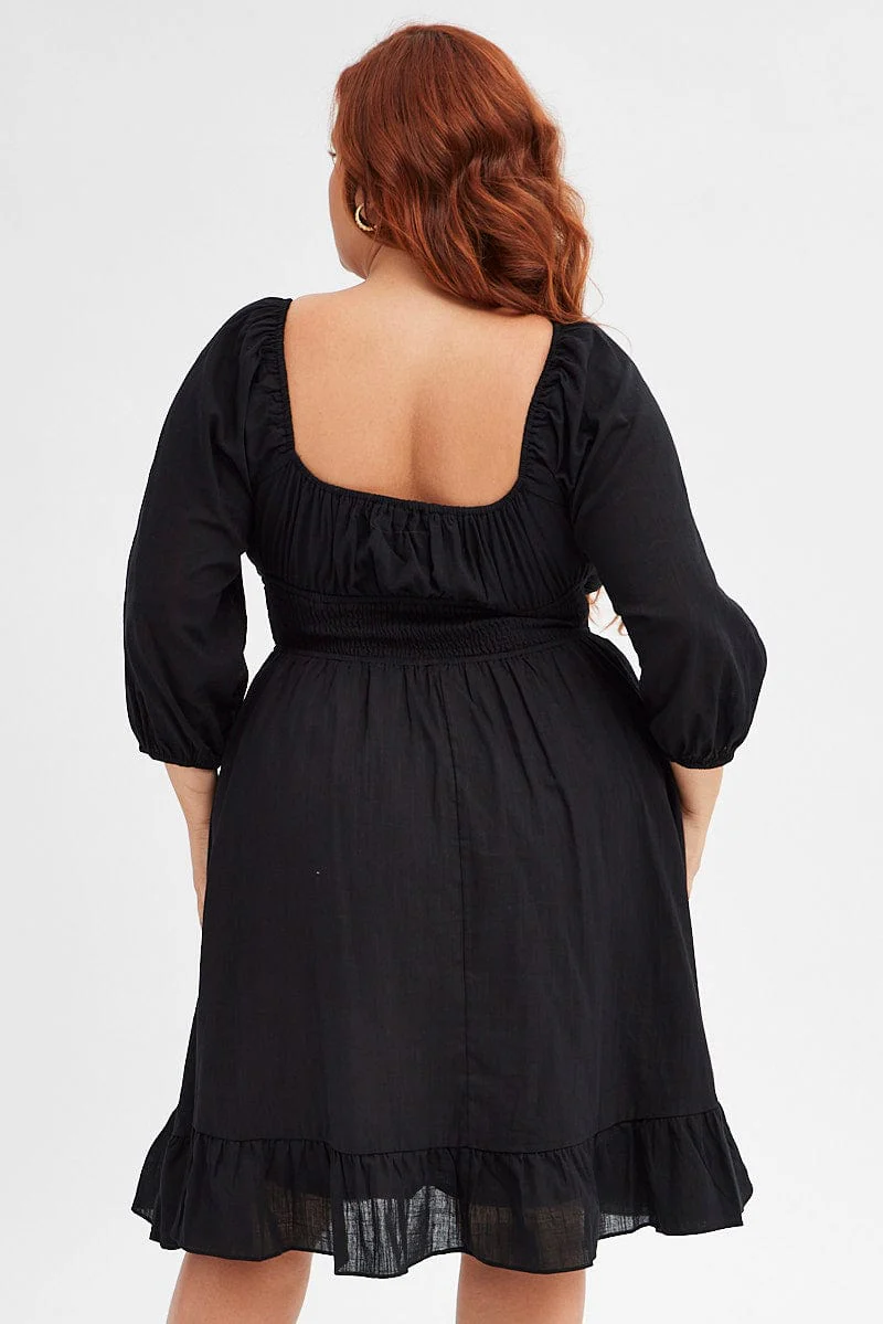 Black Skater Dress Puff Sleeve Shirred Waist Cotton - Image 5