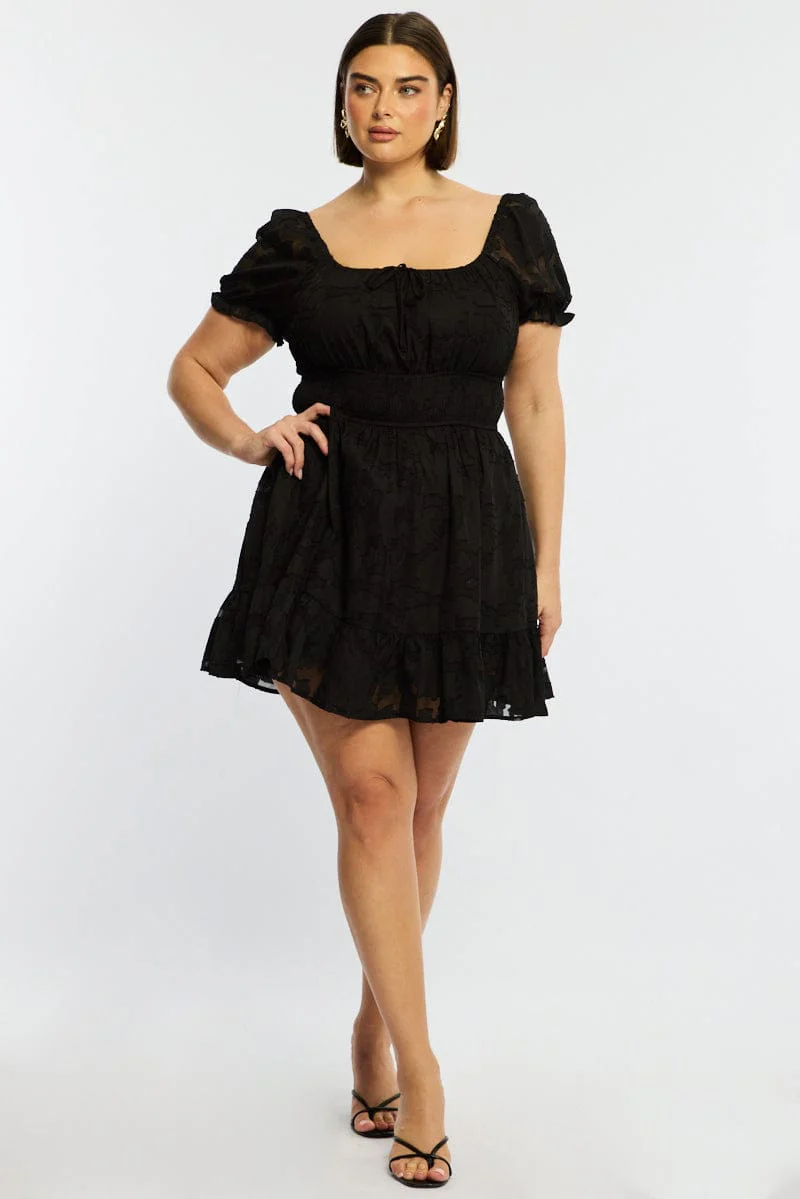 Black Skater Dress Short Sleeve Jacquard - Image 2