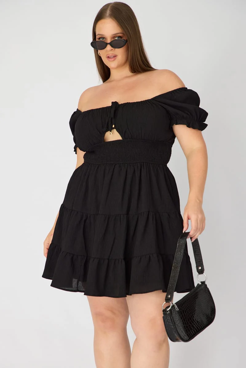 Black Skater Dress Short Sleeve Ruched Bust Cut Out