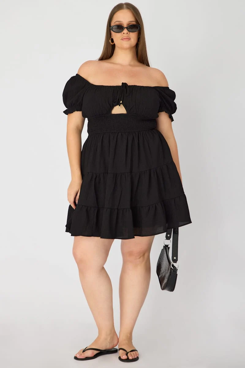 Black Skater Dress Short Sleeve Ruched Bust Cut Out - Image 2