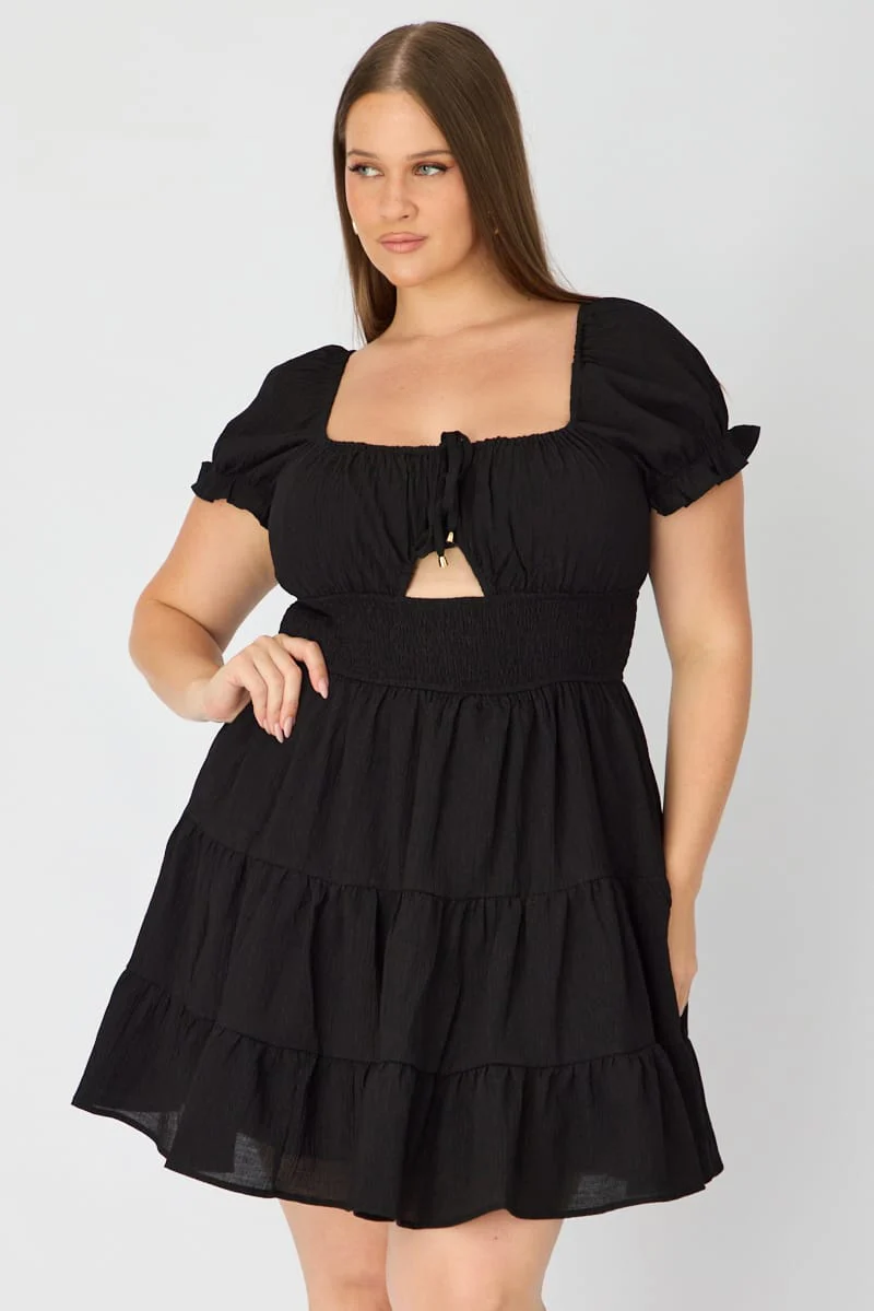 Black Skater Dress Short Sleeve Ruched Bust Cut Out - Image 3
