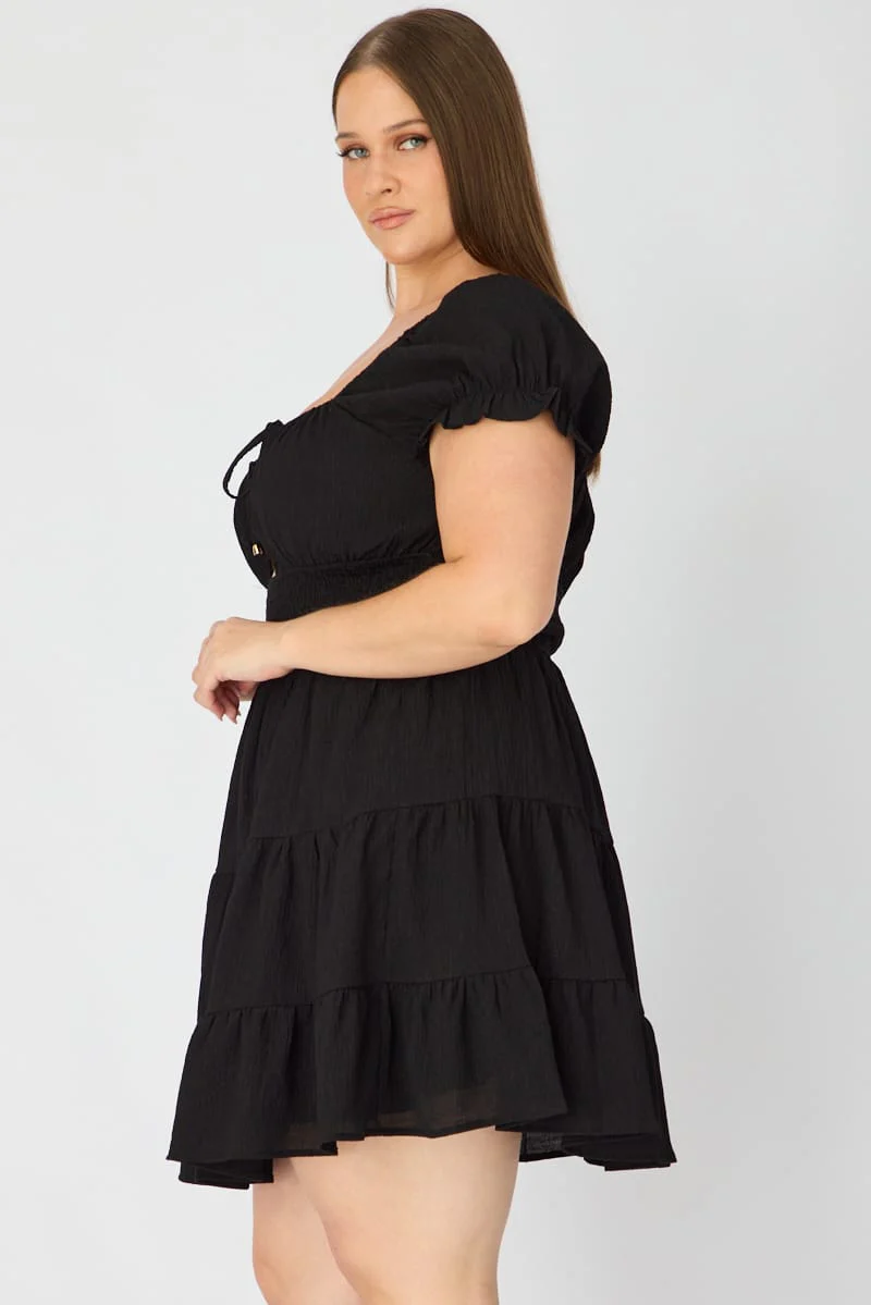 Black Skater Dress Short Sleeve Ruched Bust Cut Out - Image 4