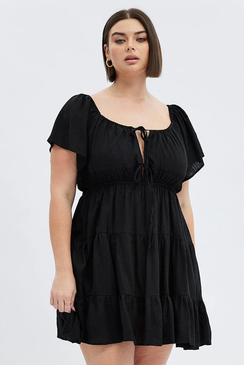 Black Skater Dress Tie Linen Blend Flare Sleeve Mini - Image 3