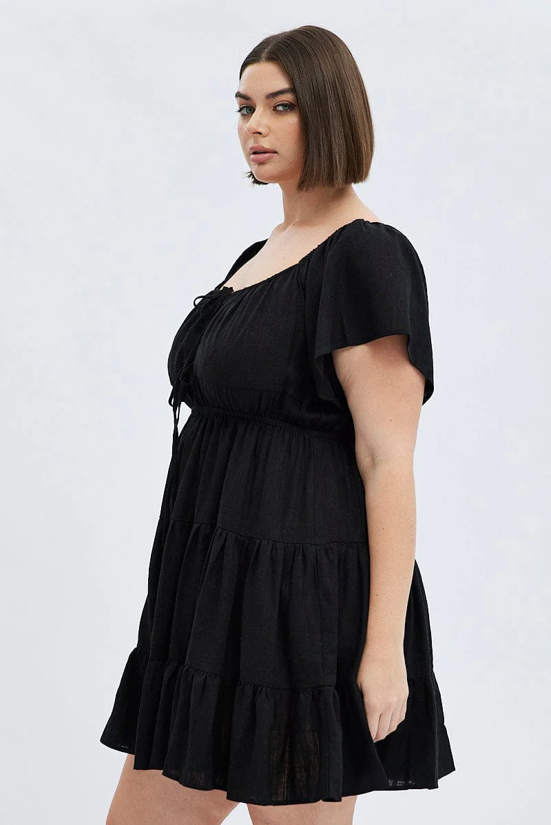 Black Skater Dress Tie Linen Blend Flare Sleeve Mini - Image 4