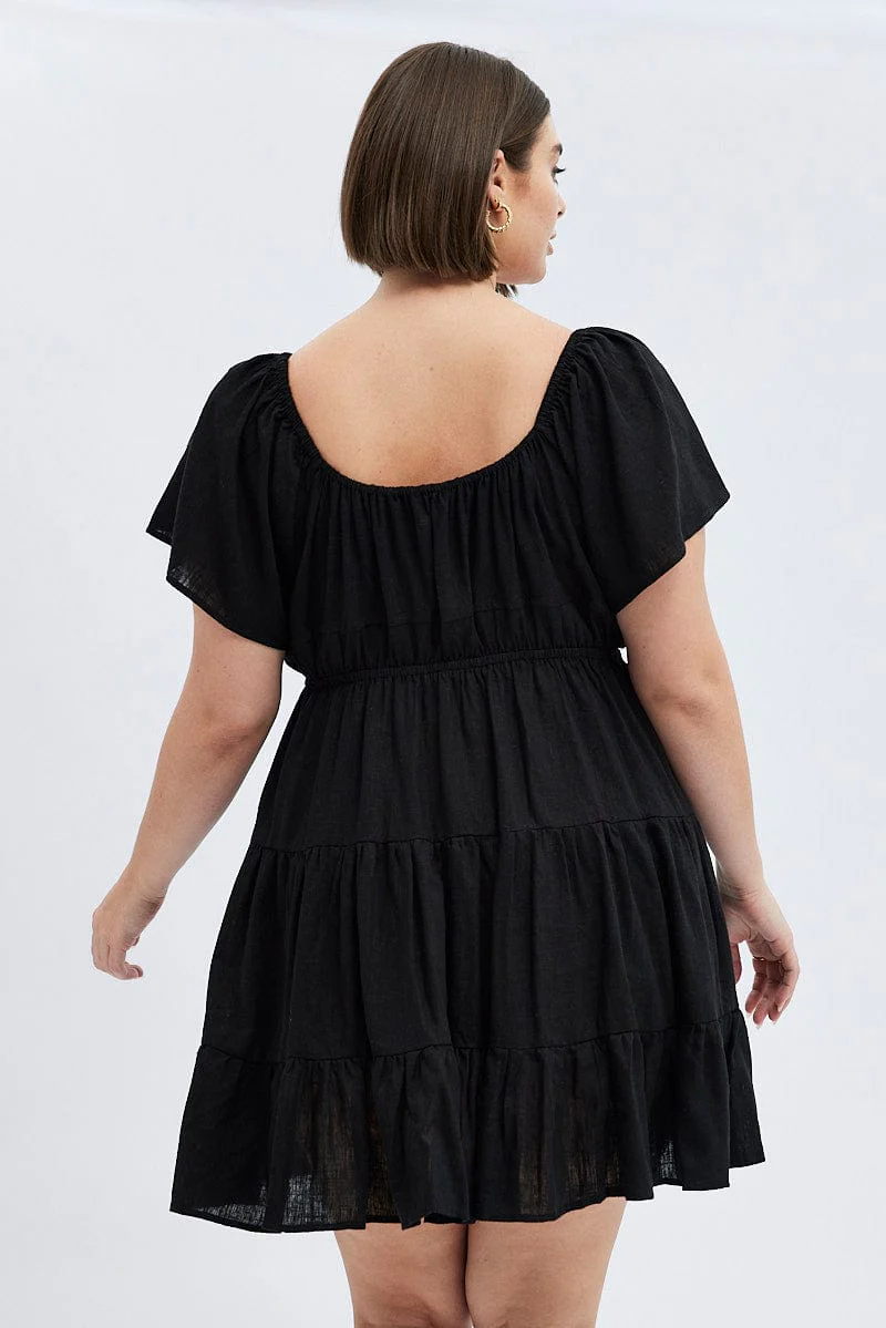 Black Skater Dress Tie Linen Blend Flare Sleeve Mini - Image 5
