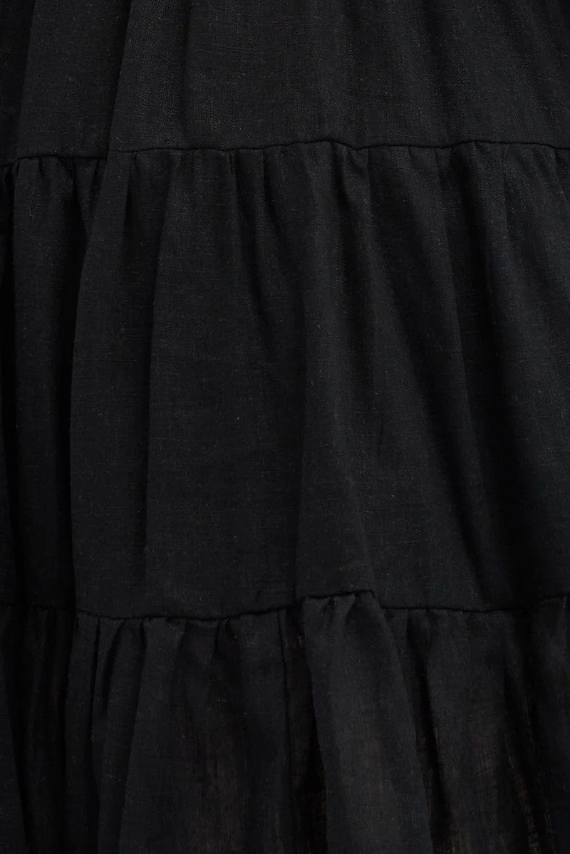 Black Skater Dress Tie Linen Blend Flare Sleeve Mini - Image 6