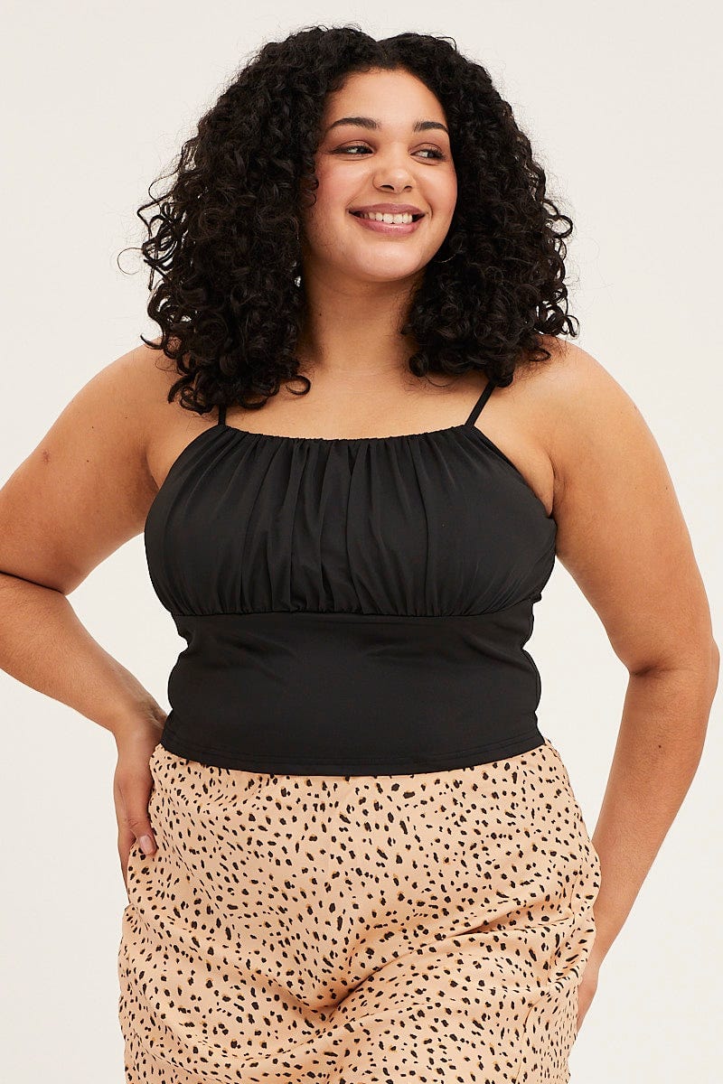 Black Sleeveless Gather Bust Detail Singlet Top - Image 3