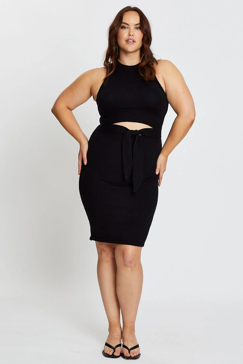 Black Sleeveless Tie Front Knitted Dress - Image 2