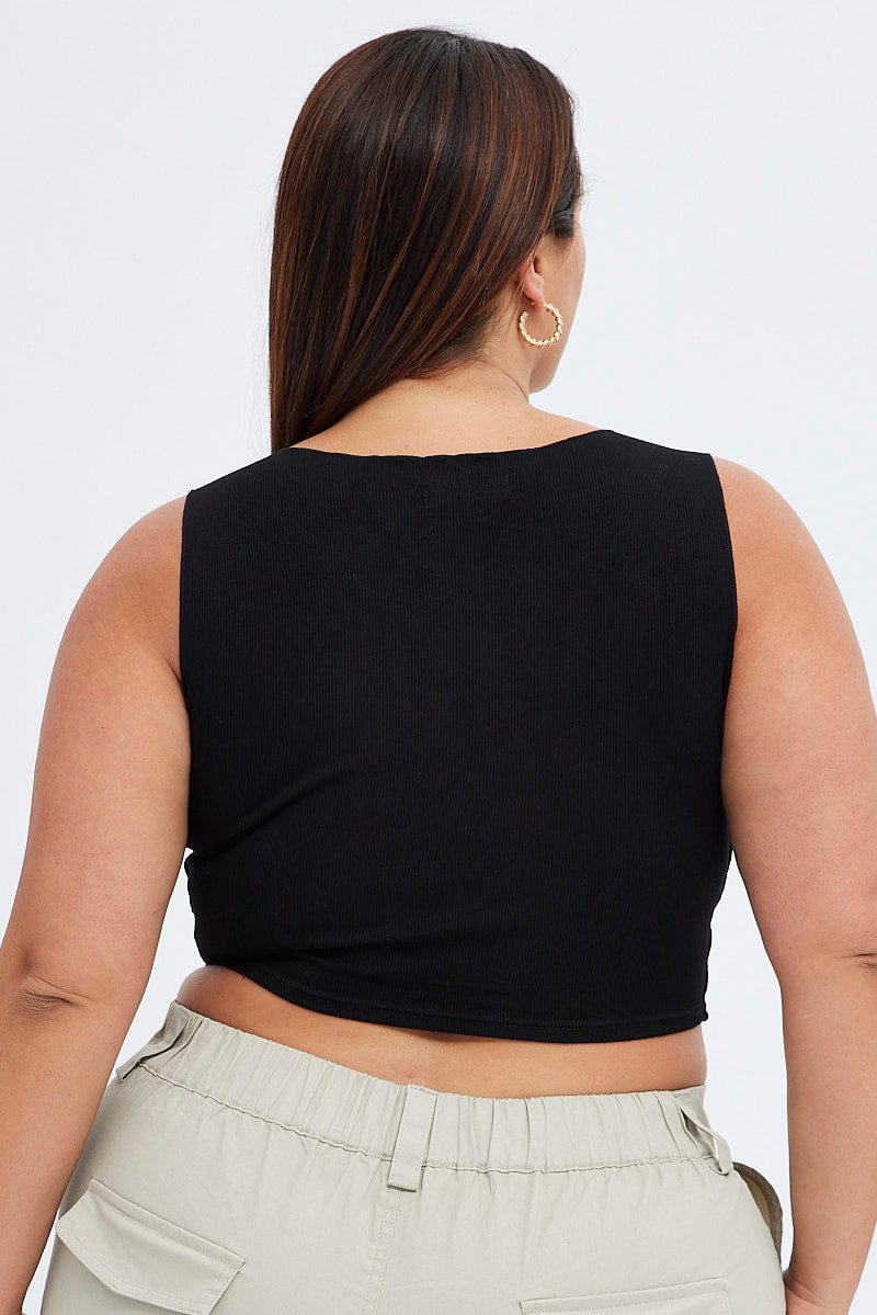Black Sleeveless Top Lace Up Rib Jersey - Image 5