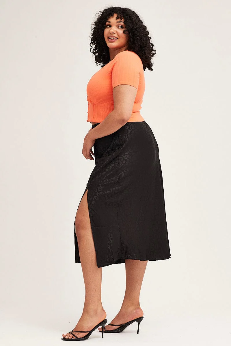 Black Slip Skirt Midi Elastic Waist Jacquard Satin - Image 4