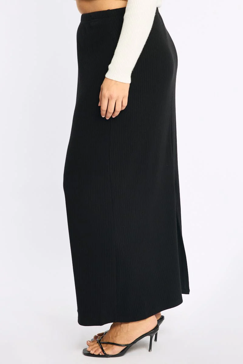 Black Soft Touch Maxi Skirt Rib - Image 3