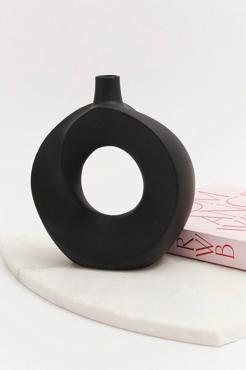 Black Stoneware Round Sculpture Vase - Image 2