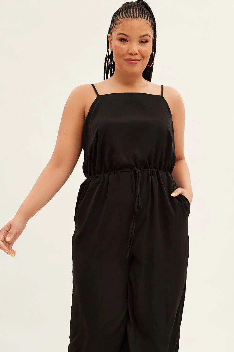 Black Strappy Jumpsuit High Neck Party Matte Satin - Image 2
