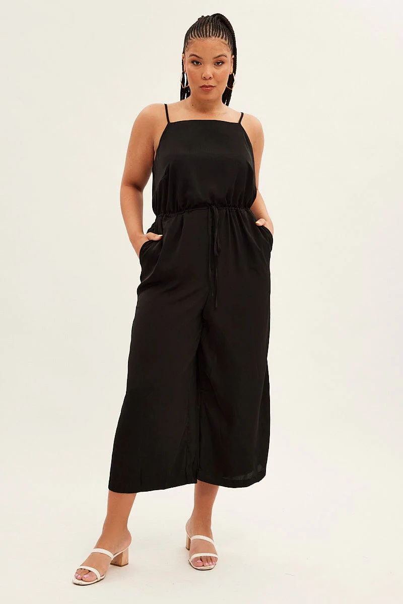 Black Strappy Jumpsuit High Neck Party Matte Satin - Image 3