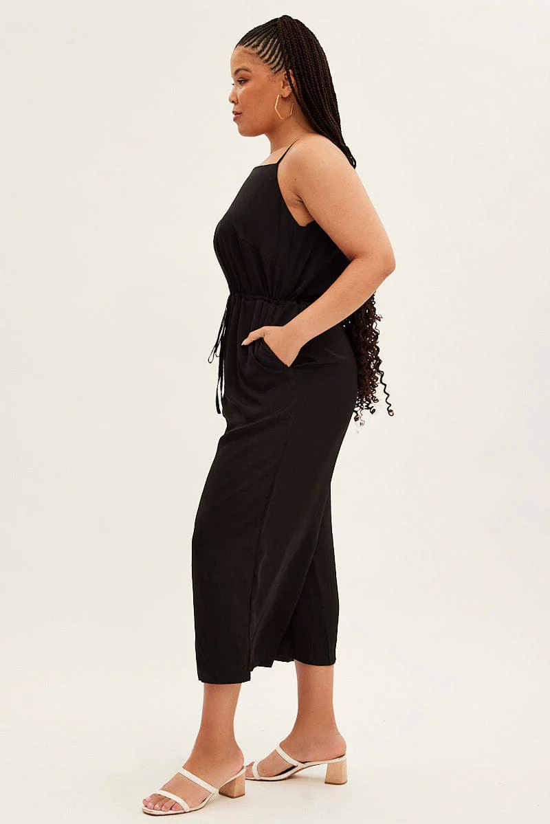 Black Strappy Jumpsuit High Neck Party Matte Satin - Image 4