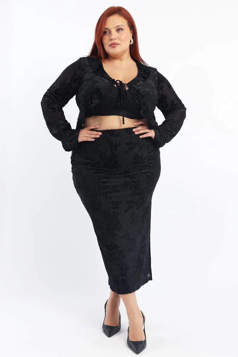 Black Stretch Burnout Bodycon Midi Skirt - Image 2
