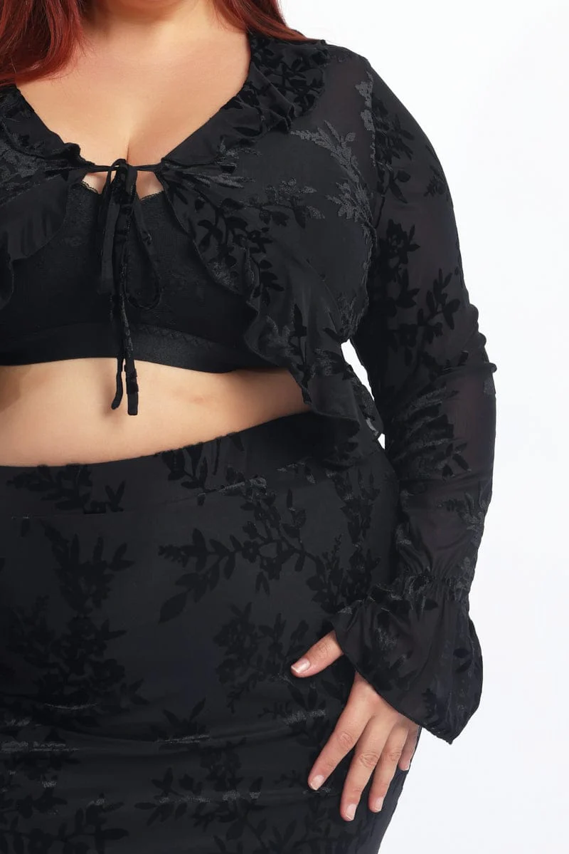 Black Stretch Burnout Tie Front Frill Bolero Jacket - Image 6