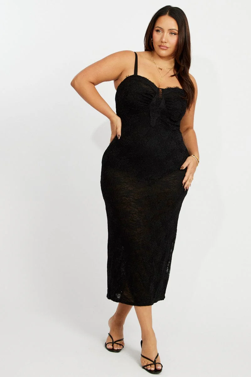 Black Stretch Lace Shoestring Bodycon Maxi Dress - Image 3