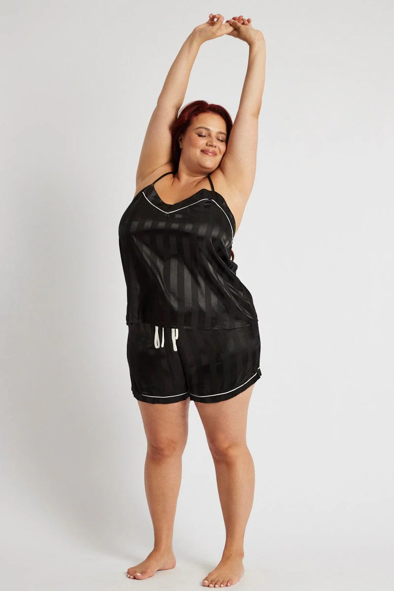 Black Stripe Cami Pyjama Set Contrast Piping Satin Pj Set - Image 2