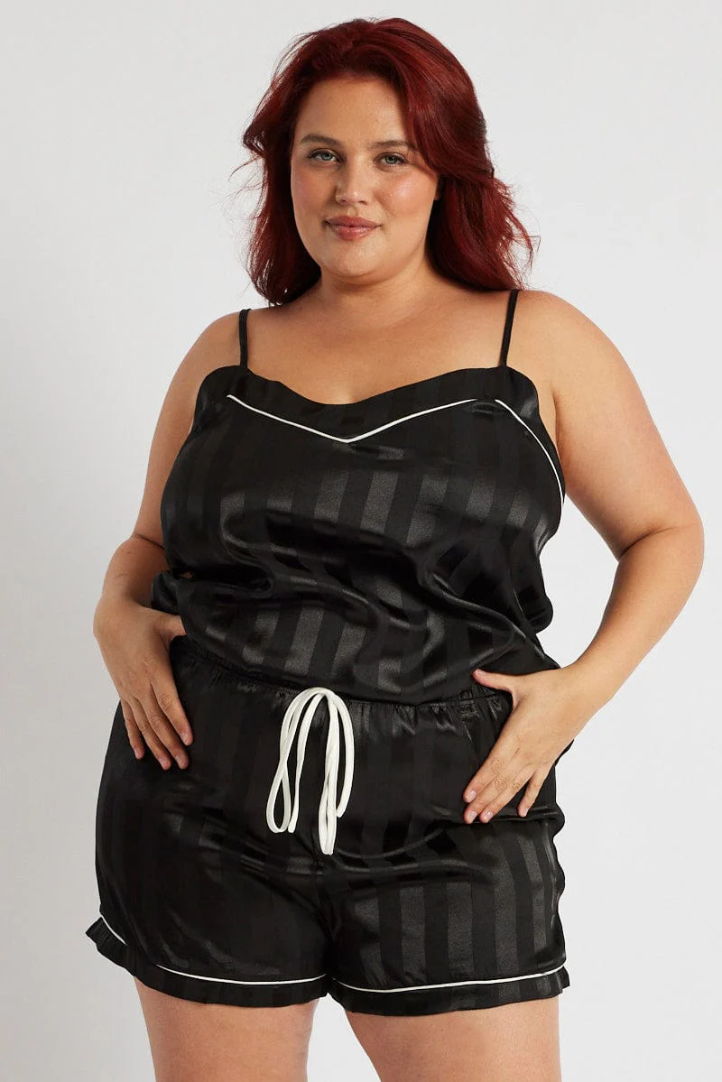 Black Stripe Cami Pyjama Set Contrast Piping Satin Pj Set - Image 3