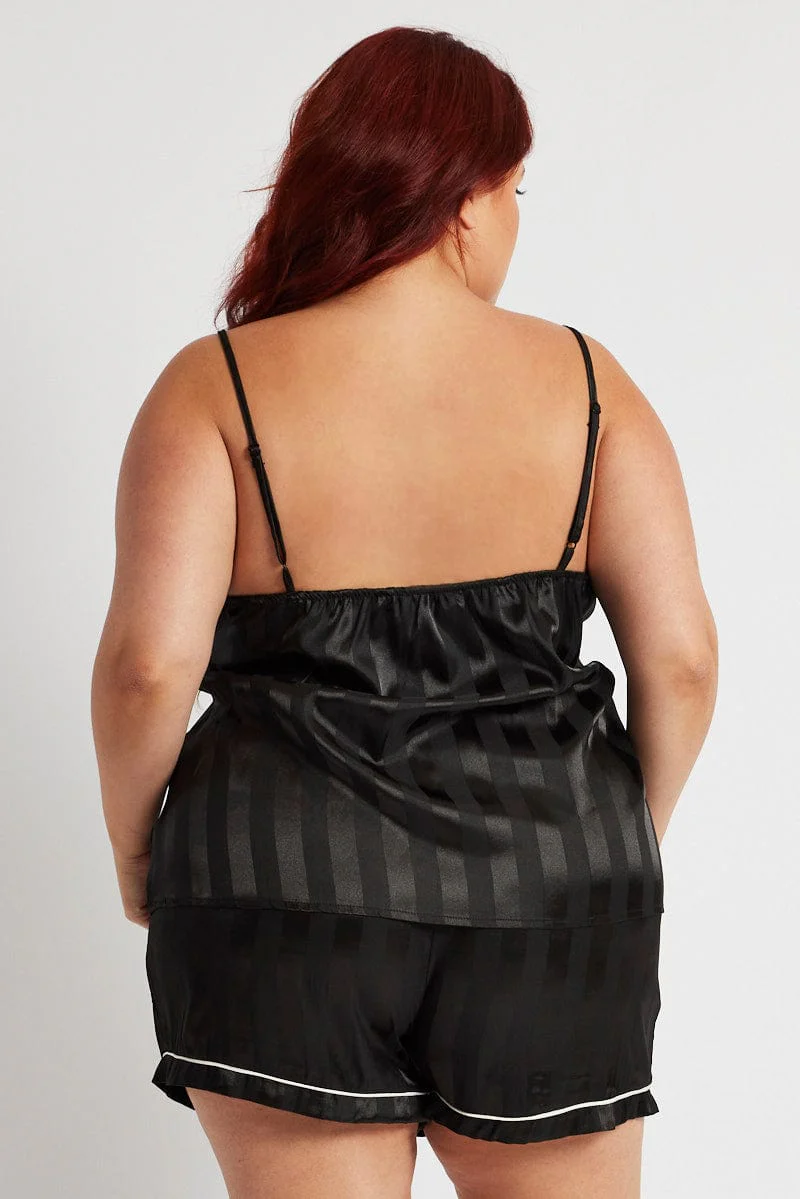 Black Stripe Cami Pyjama Set Contrast Piping Satin Pj Set - Image 5