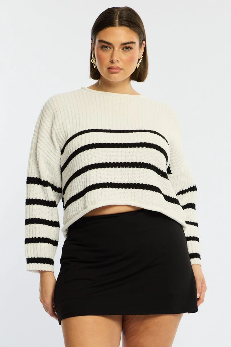 Black Stripe Chenille Knit Jumper Long Sleeve