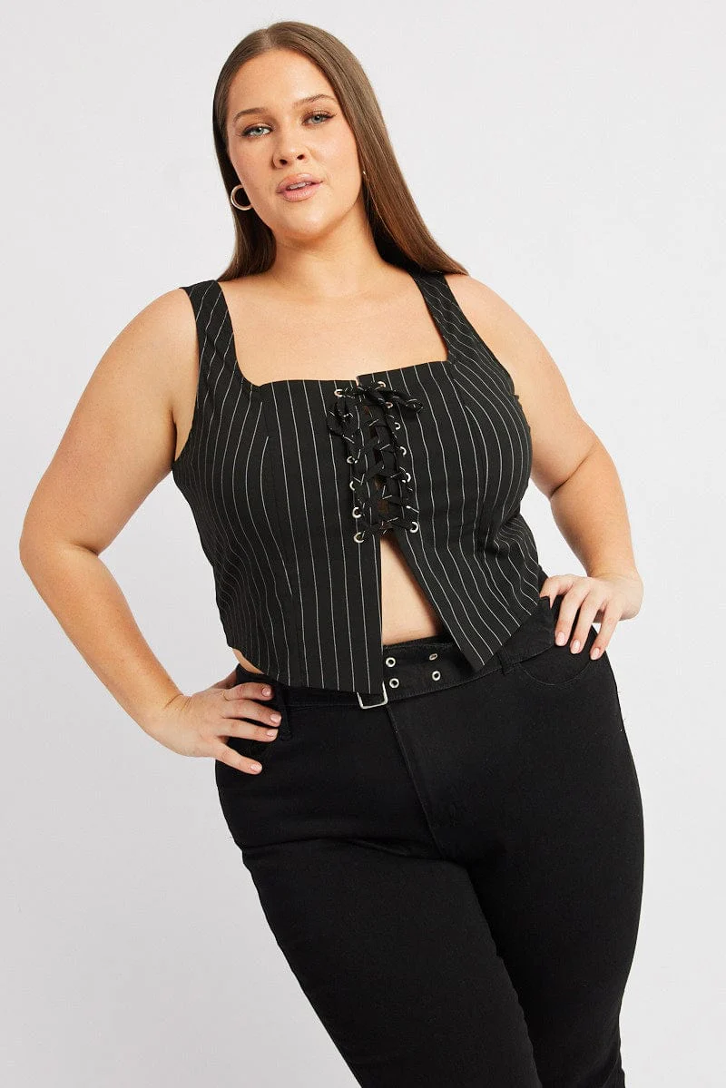 Black Stripe Crop Top Sleeveless Lace Up