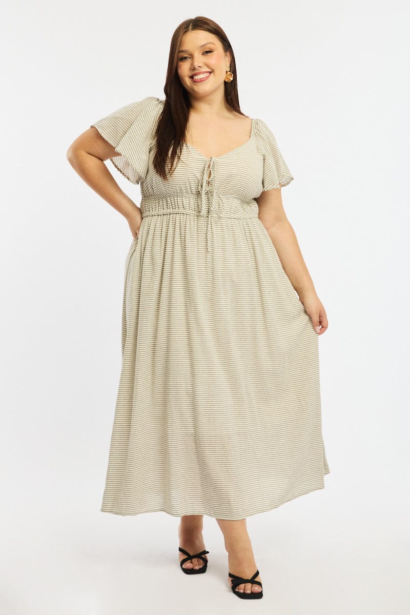 Black Stripe Maxi Dress Short Sleeve Tie Front