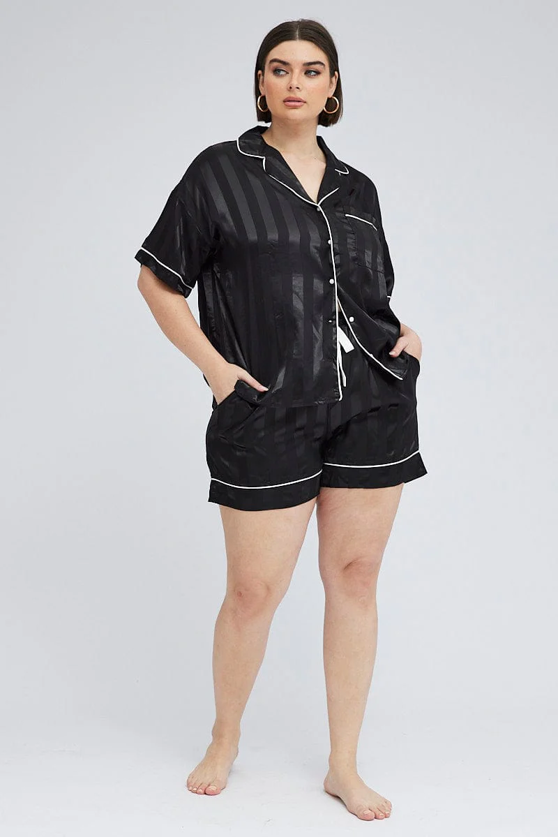 Black Stripe Pyjama Set Satin Jacquard Stripe Piping Pj - Image 2