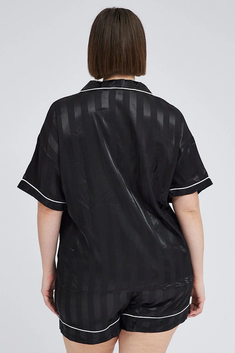Black Stripe Pyjama Set Satin Jacquard Stripe Piping Pj - Image 5