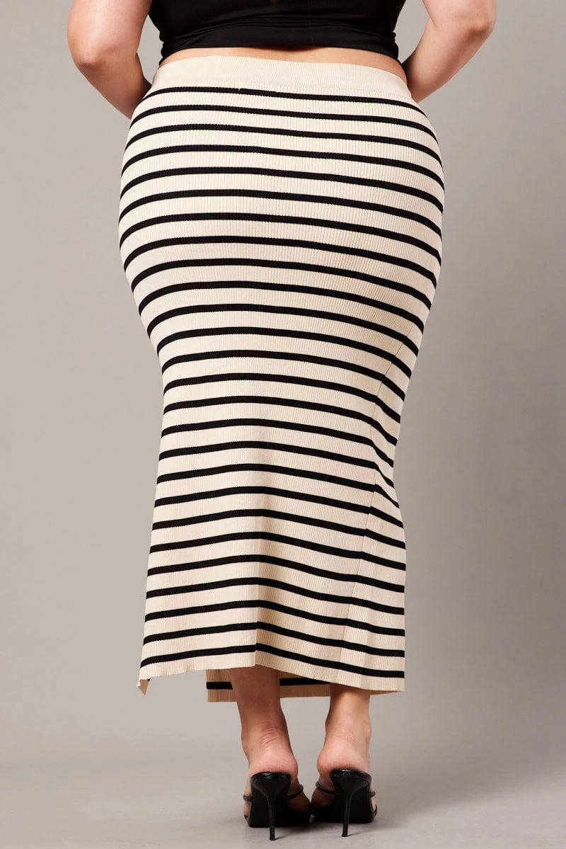 Black Stripe Rib Knit One Split Skirt - Image 5