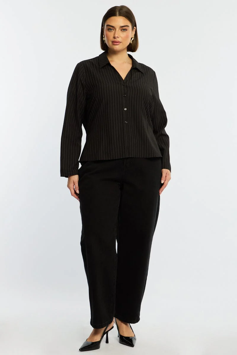 Black Stripe Shirt Long Sleeves Collared Button Up Pinstripe - Image 2