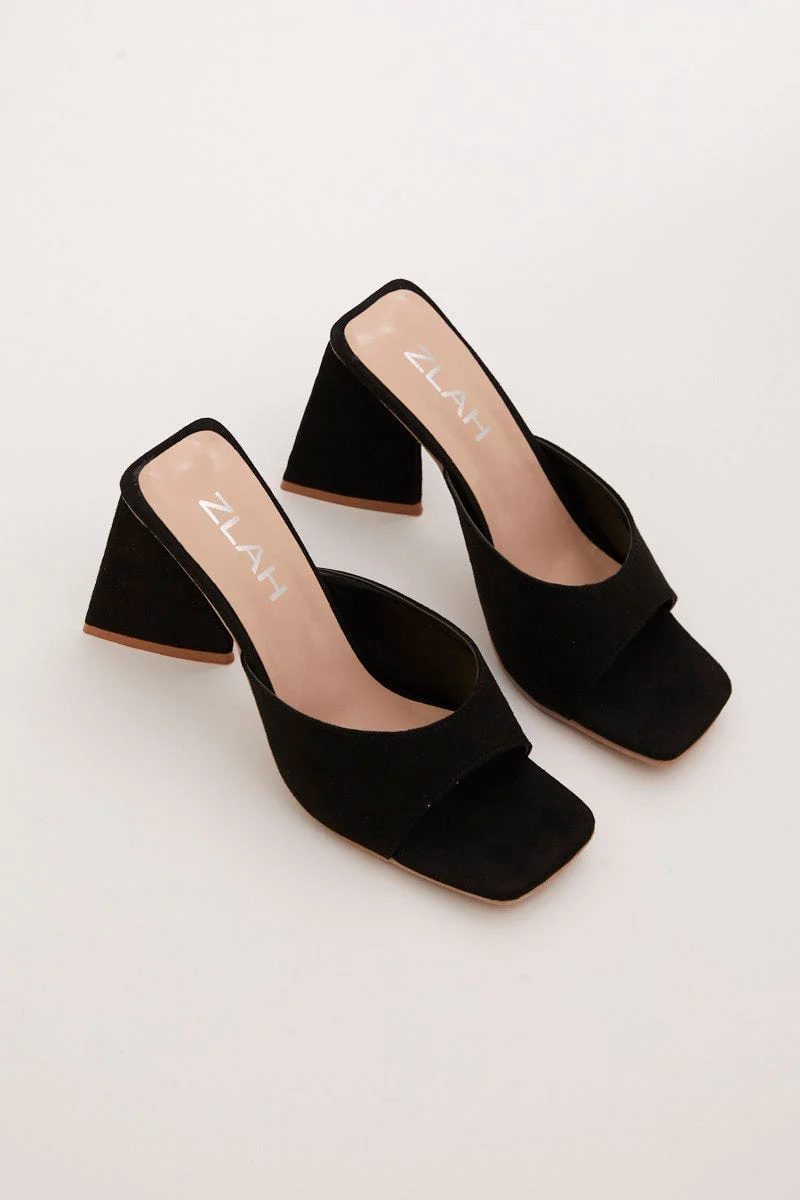 Black Suede Square Toe High Heeled Mule Sandal - Image 2