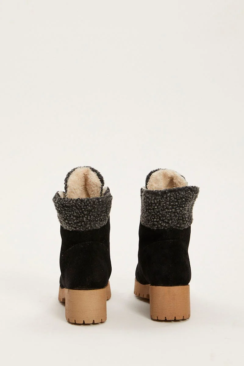Black Suedette Lace Up Flat Boots - Image 3