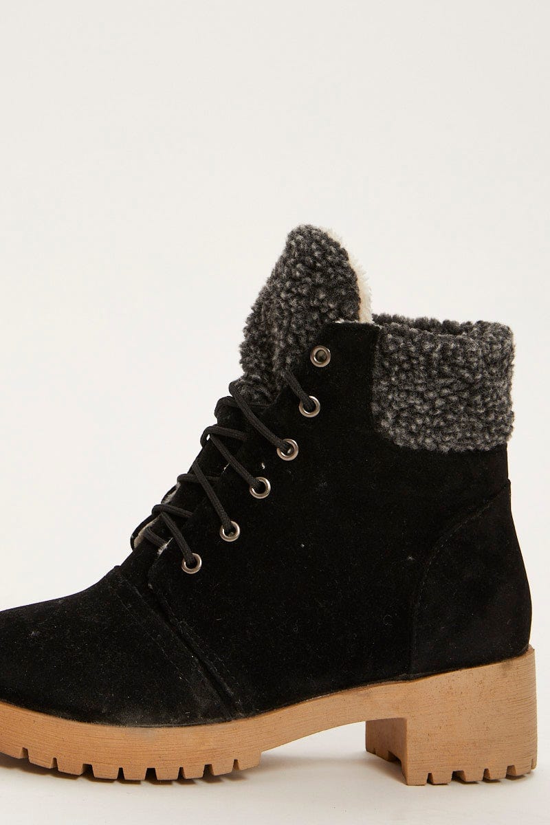Black Suedette Lace Up Flat Boots - Image 4