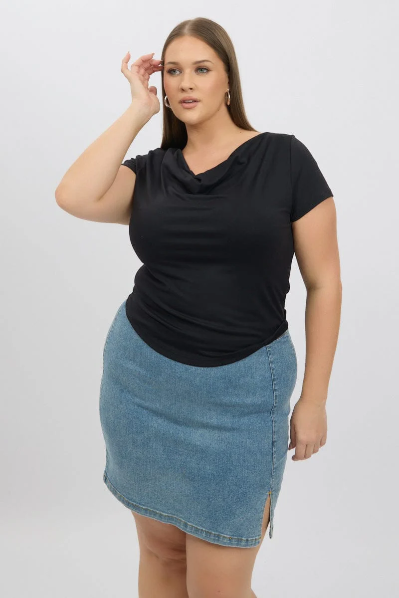 Black T-Shirt Short Sleeve Cowl Neck