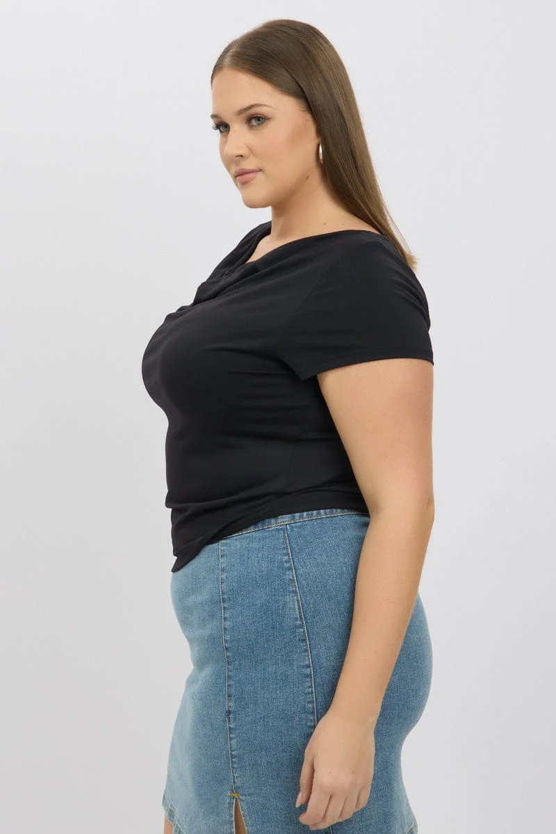Black T-Shirt Short Sleeve Cowl Neck - Image 4