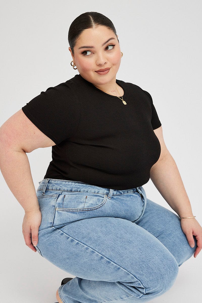 Black T-shirt Short Sleeve Crew Neck Ribbed Jersey - Image 3