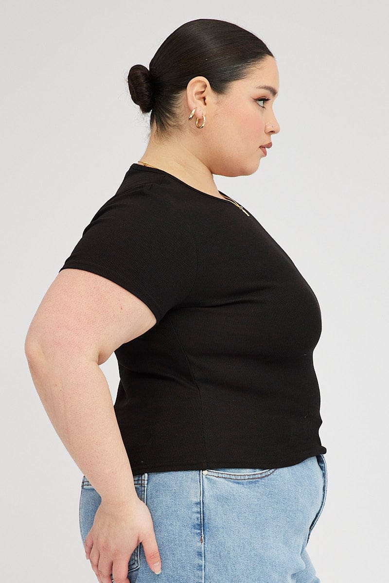 Black T-shirt Short Sleeve Crew Neck Ribbed Jersey - Image 4