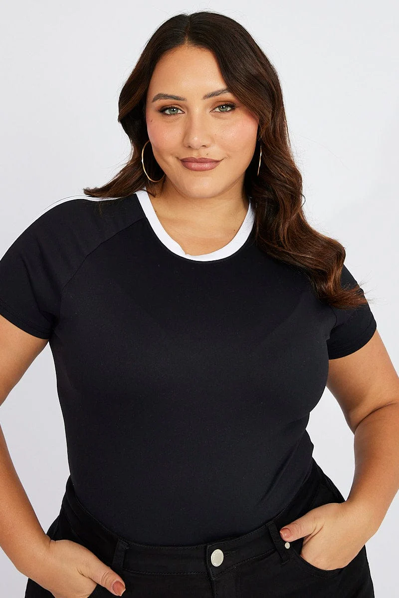 Black T-shirt Short Sleeve Crew Neck Side Stripe - Image 3