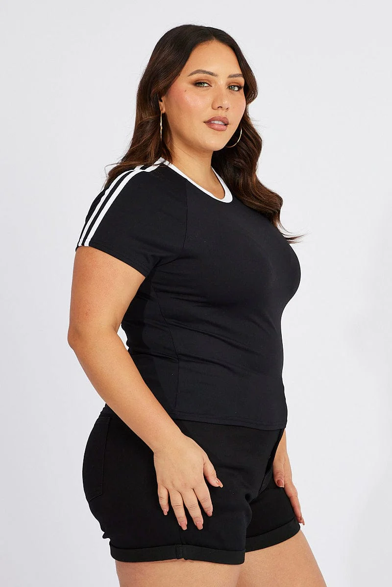 Black T-shirt Short Sleeve Crew Neck Side Stripe - Image 4