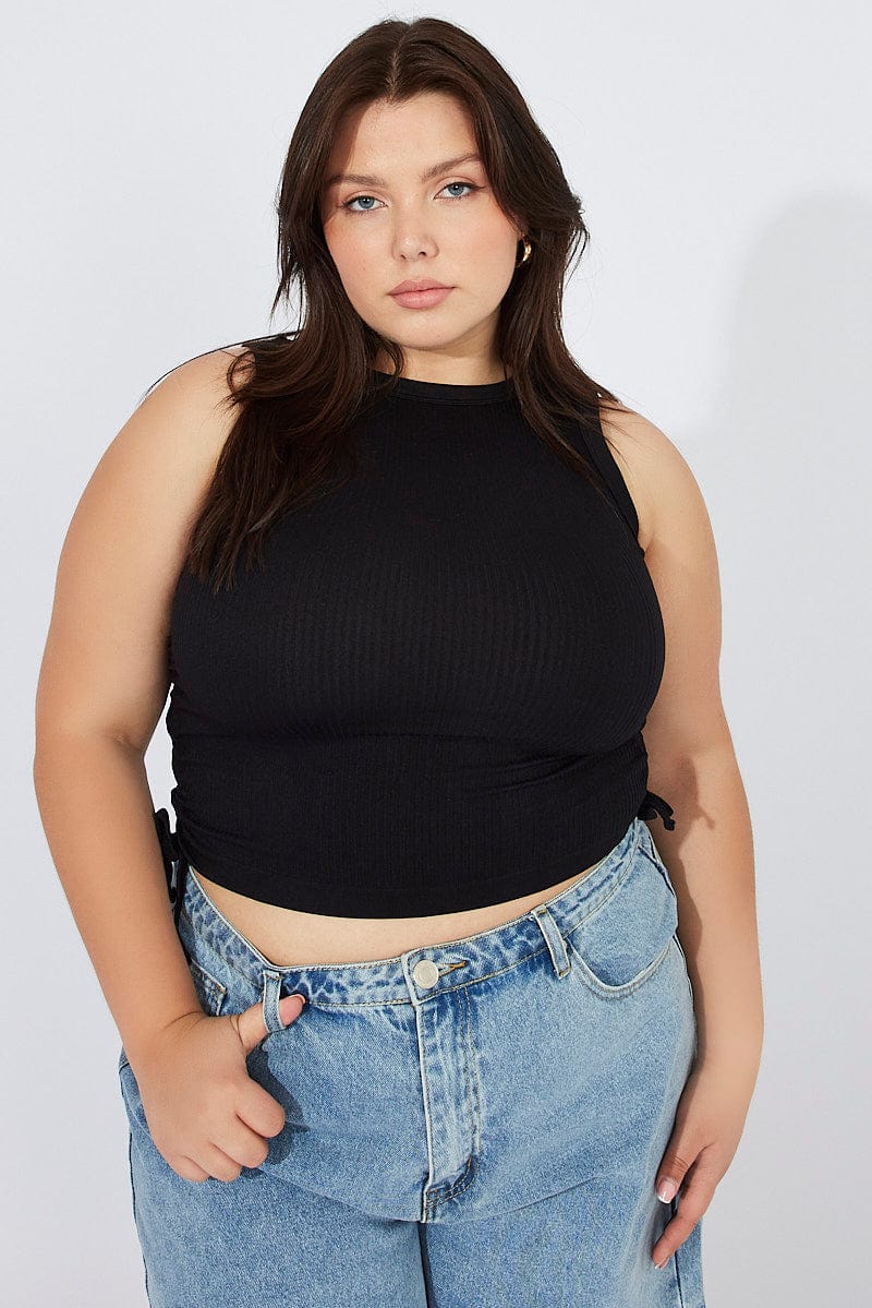 Black Tank Top Crew Neck Seamless Side Ruched - Image 2