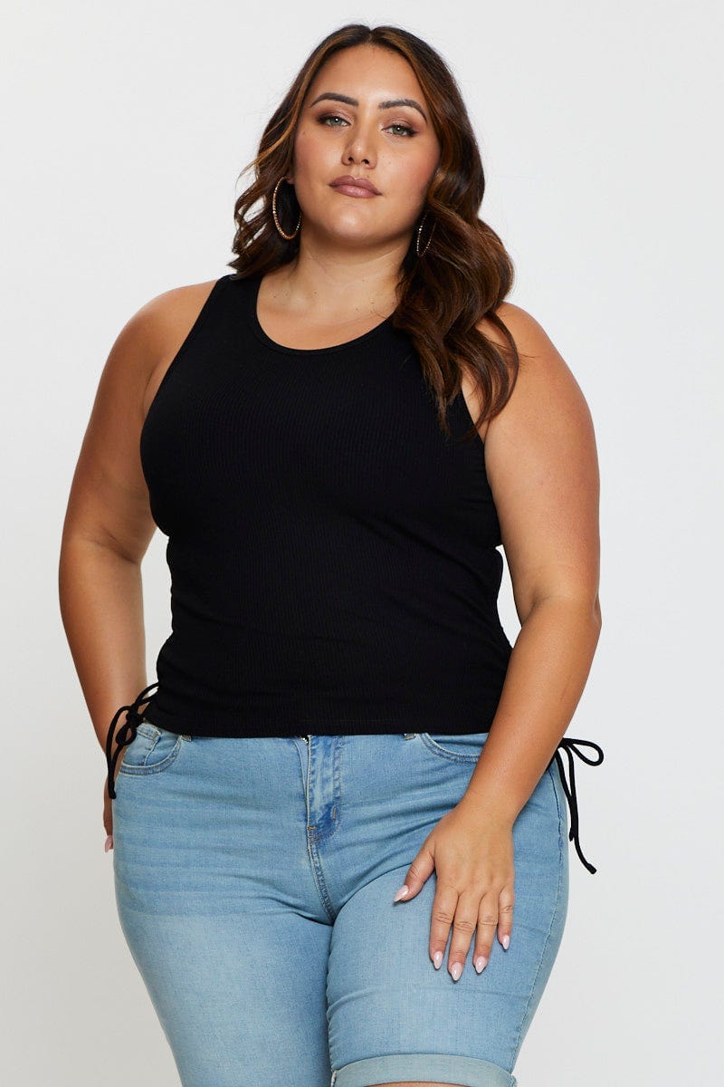Black Tank Top Crew Neck Sleeveless Rib Drawstring - Image 3