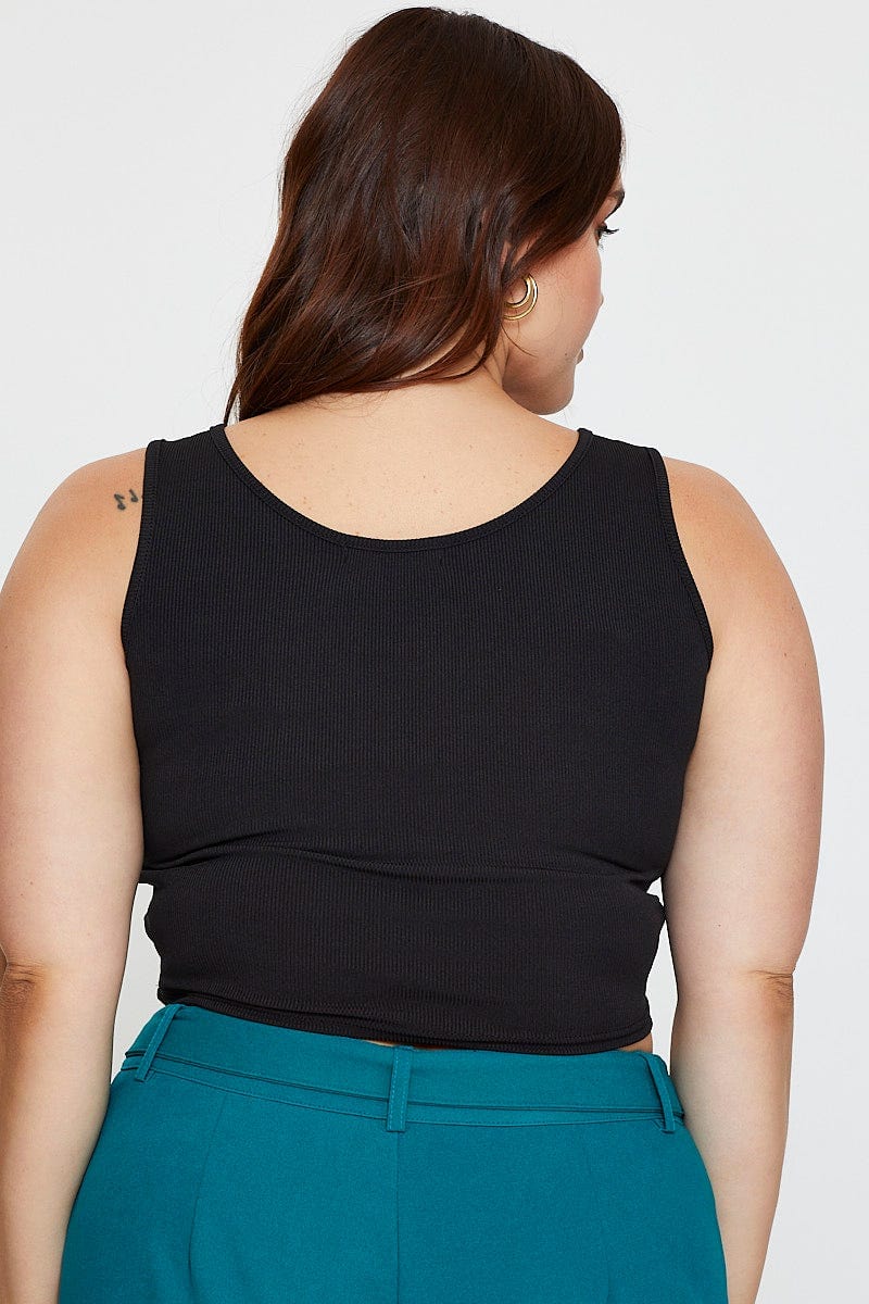 Black Tank Top Round Neck Sleeveless Rib Crop - Image 5