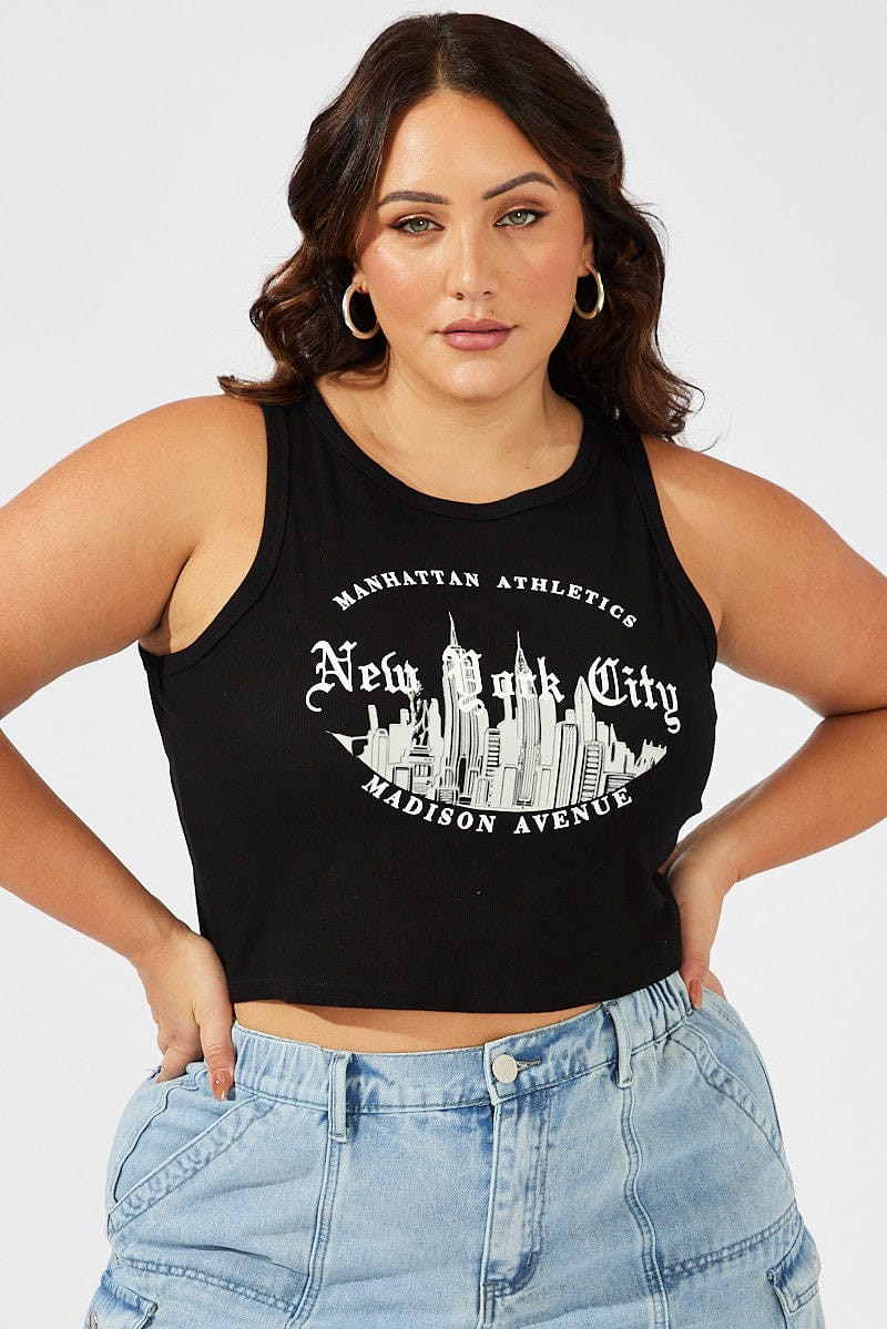 Black Tank Top Sleeveless Crew Neck Graphic New York