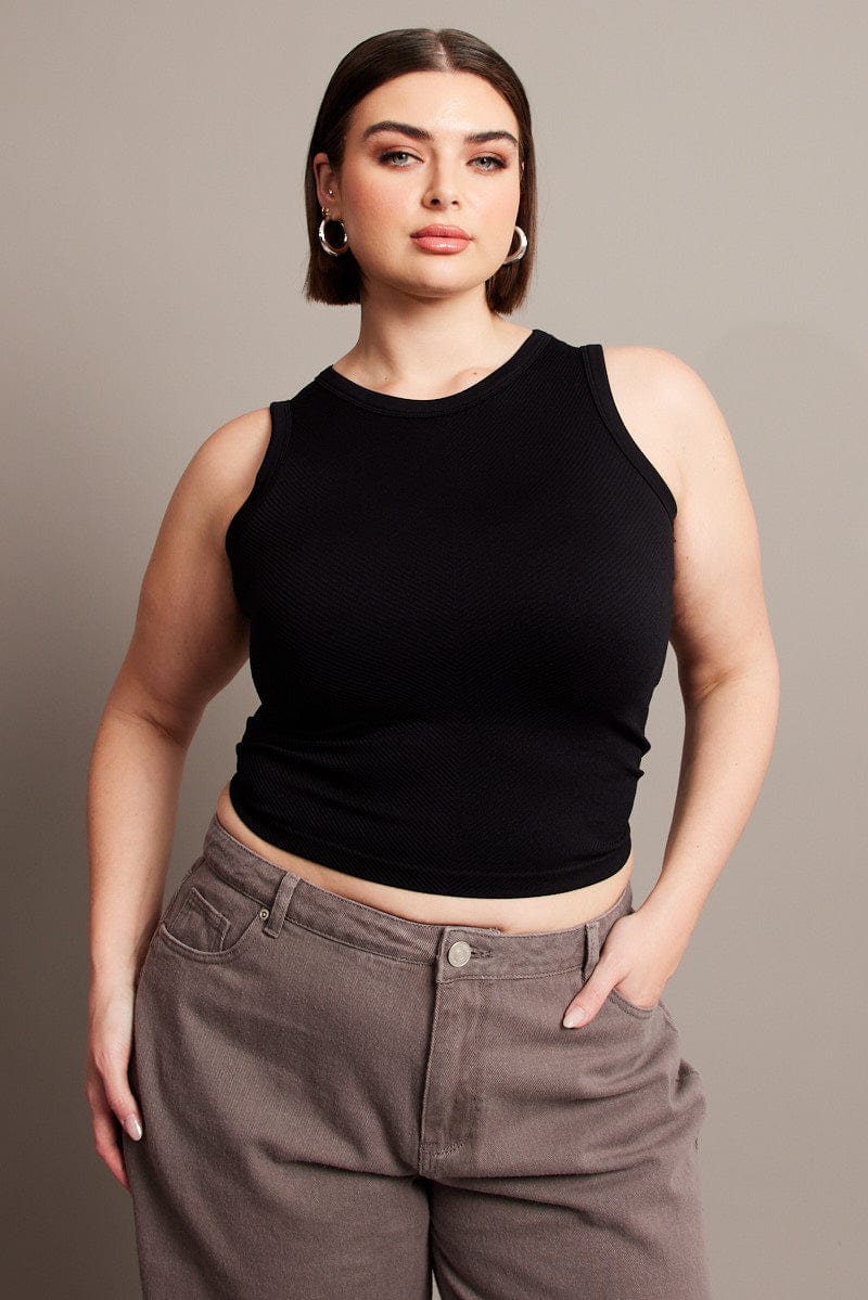 Black Tank Top Sleeveless Crew Neck Seamless