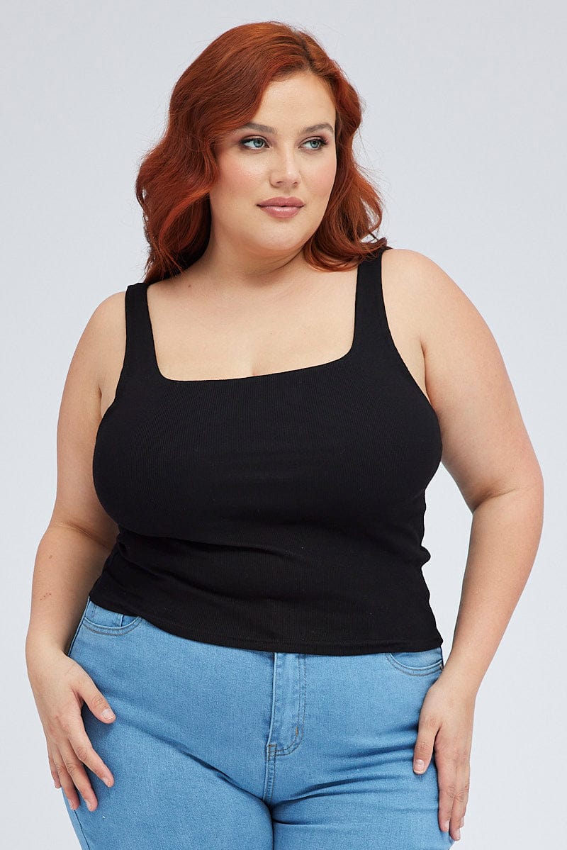 Black Tank Top Square Neck Sleeveless Cotton - Image 3